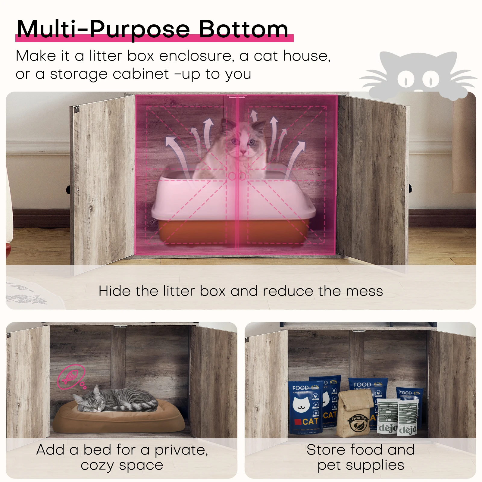 Redlife-Cat Litter Box Enclosure Multifunctional Cat Tree Hidden Furniture Cabinet w/ Storage and Scratch Cat Condo 4 Levels