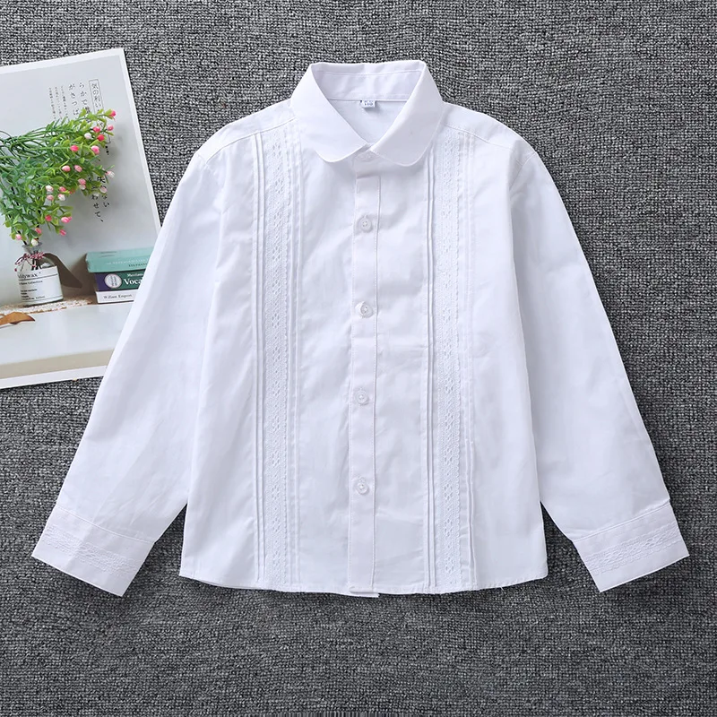 Kids Long Sleeve Shirt Cotton White School Uniforms for Teenage Boys Girl Solid Color Turn-down Basic Blouse Spring Fall Clothes