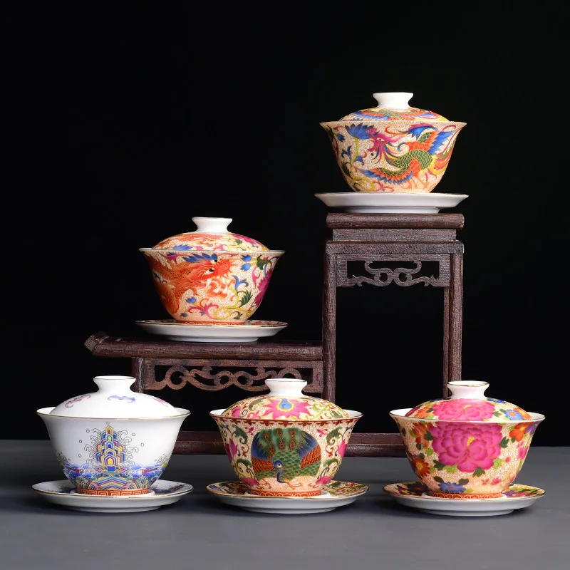 Chinese Kungfu Gaiwan Tea Tureen Intricately Designed Dragon and Phoenix Tea Cups with Elegant Ceramic Color Enamel Teaware Tea Set