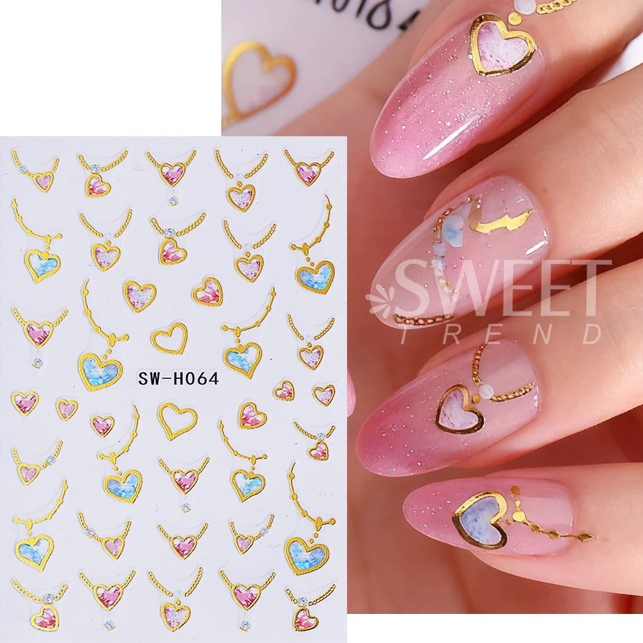 2pcs Metallic Love Heart Nail Stickers 3D Bronzing Line Peach Heart Nail Decals DIY Romantic Valentine's Day Manicure Decoration