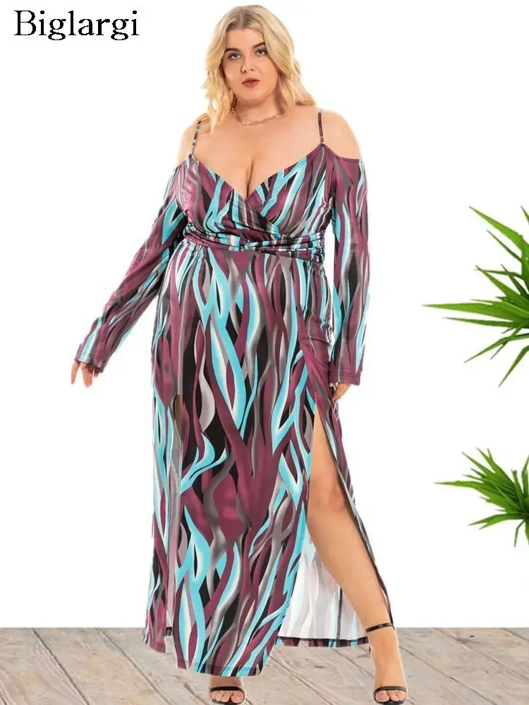 

Plus Size Autumn Long Dress Women Slit Off Shoulder Sexy Split Ladies Dresses Fashion Irregular Graffiti Print Woman Dress 2023