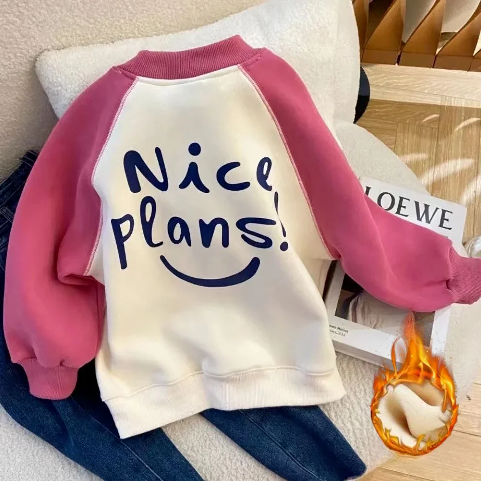 

Girls' Sweatshirts 2023 Autumn and Winter New Children Fashionable Fleece-Lined Tops 3-15 Years Old Pullover Loose Hoodies