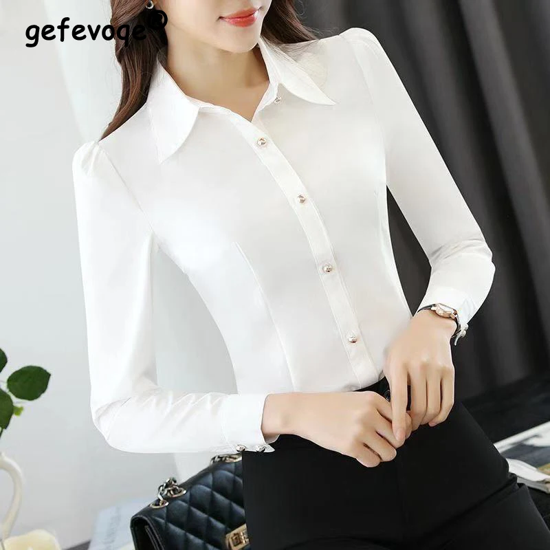 Spring Autumn Office Lady Elegant Fashion Shirt Female Long Sleeve Bottoming Oversized Blouse Women's Solid Color Cardigan Tops fashion office lady skinny button business casual formal bottoming solid turn down collar spring summer thin women s clothing