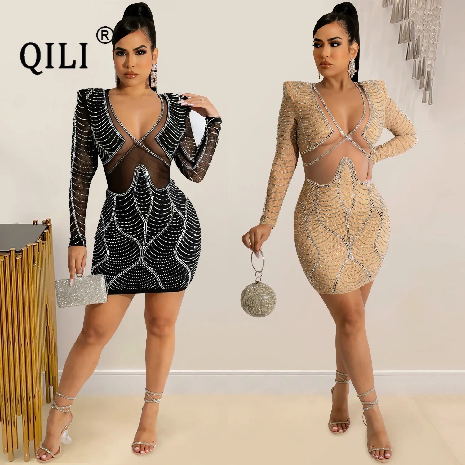 

QILI-Sexy Hollow Out Diamonds Dress, See Through Mesh, Mini Hip Wrap, Short Party Club, Deep V-Neck, Full Sleeve