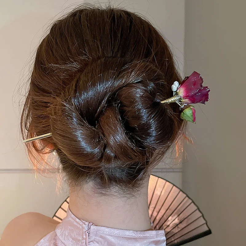 Minkissy 2 Stück Retro Perlen-Quasten Haarstäbchen – Chinesischer Stil, Roségold