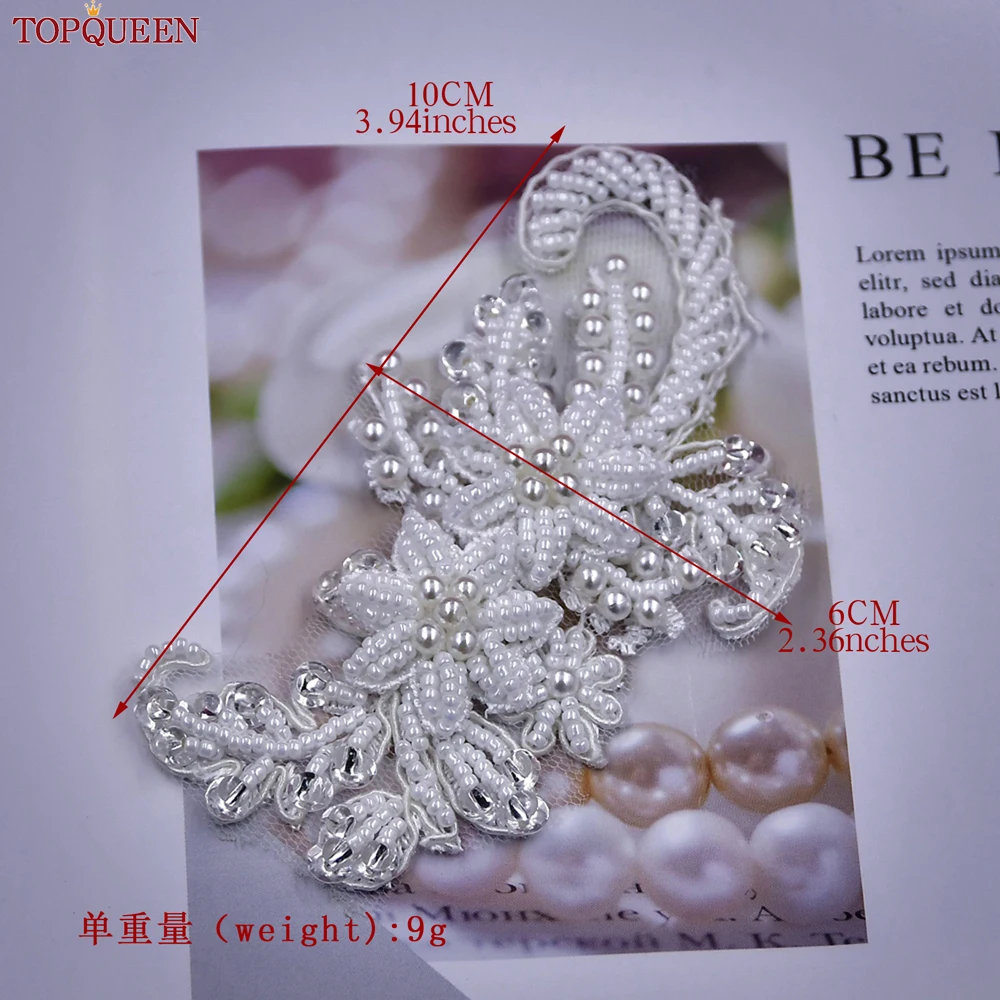 TOPQUEEN SP23 Floral Beaded Patches Bridal Lace Sewing Fabric Applique Pearl Tulle DIY Wedding Dresses Decoration Accessories