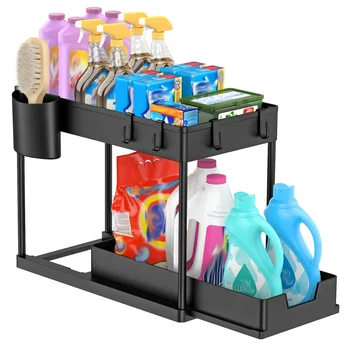 Cassetto scorrevole a 2 livelli sotto il lavandino, scaffale portaoggetti multiuso per armadio da cucina, bagno, accessori per la casa 1