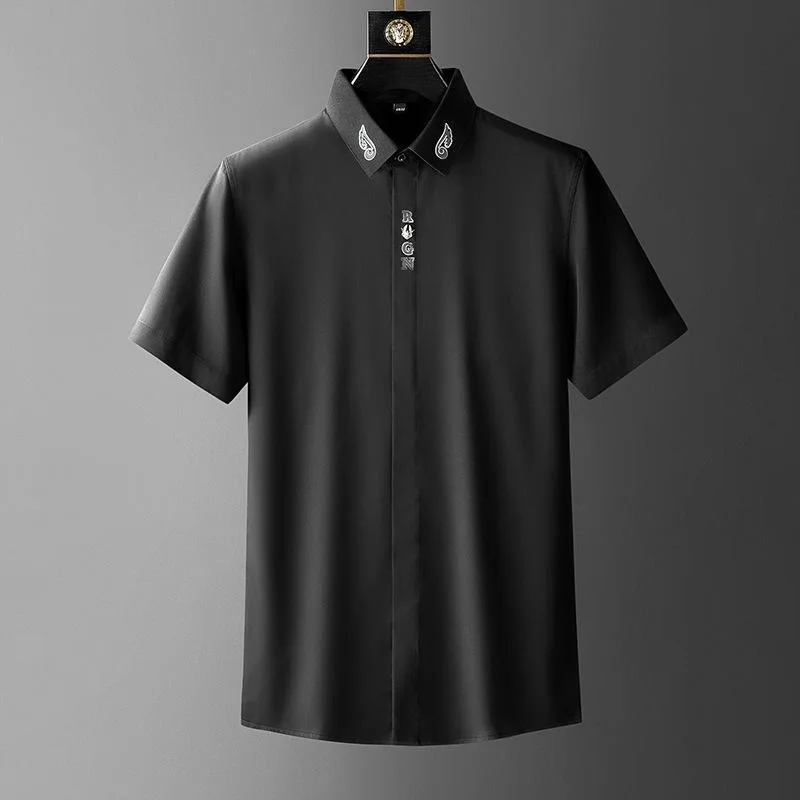 

High end design trendy hot diamond shirt suitable for men's short sleeved 2023 summer casual stretch silk breathable shirt