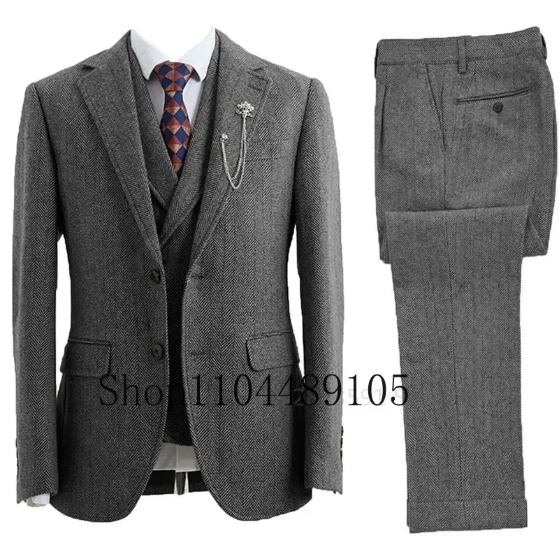 Elegant man suit three-piece herringbone suit mens suits 3 piece coarse woolen fabrics customize business activities banquet