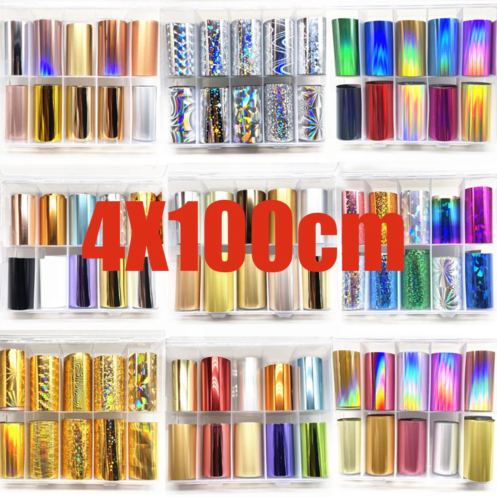 

1 Box New Metal Nail Foils 4X100CM Matt Transfer Paper 10Rolls Boxed Neon Stickers Over-size Long Chameleon Nail Art Foil &*&