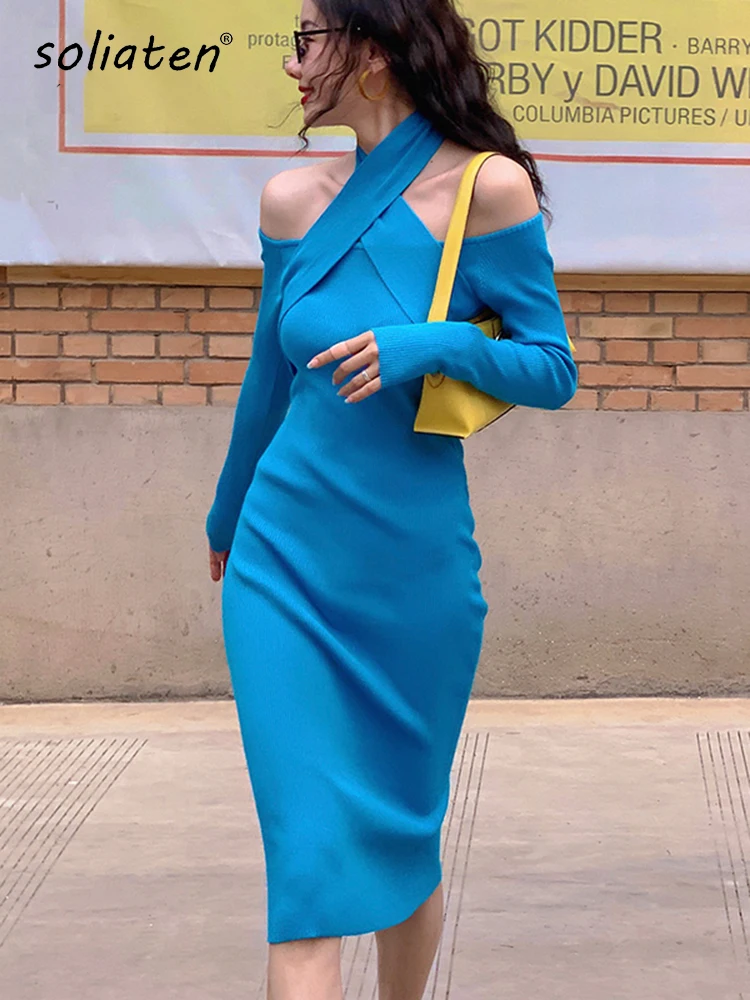 

Woman Long Dresses Sexy Split Streetwear Halter New Trendy 90s Vintage Christmas Party Wear Thick Knitting High Quality C-135