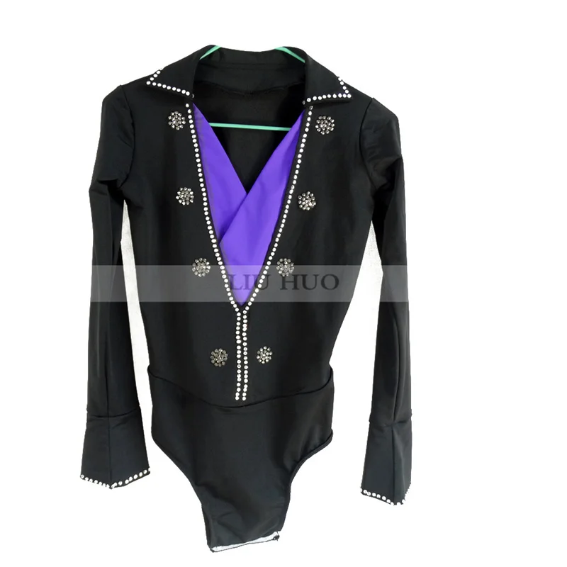 LIUHUO Figure Skating Top Men's Boys' Ice Top Black Spandex Stretchy Skating Costume Wear Long Sleeves Dance Teens Adult Ballet