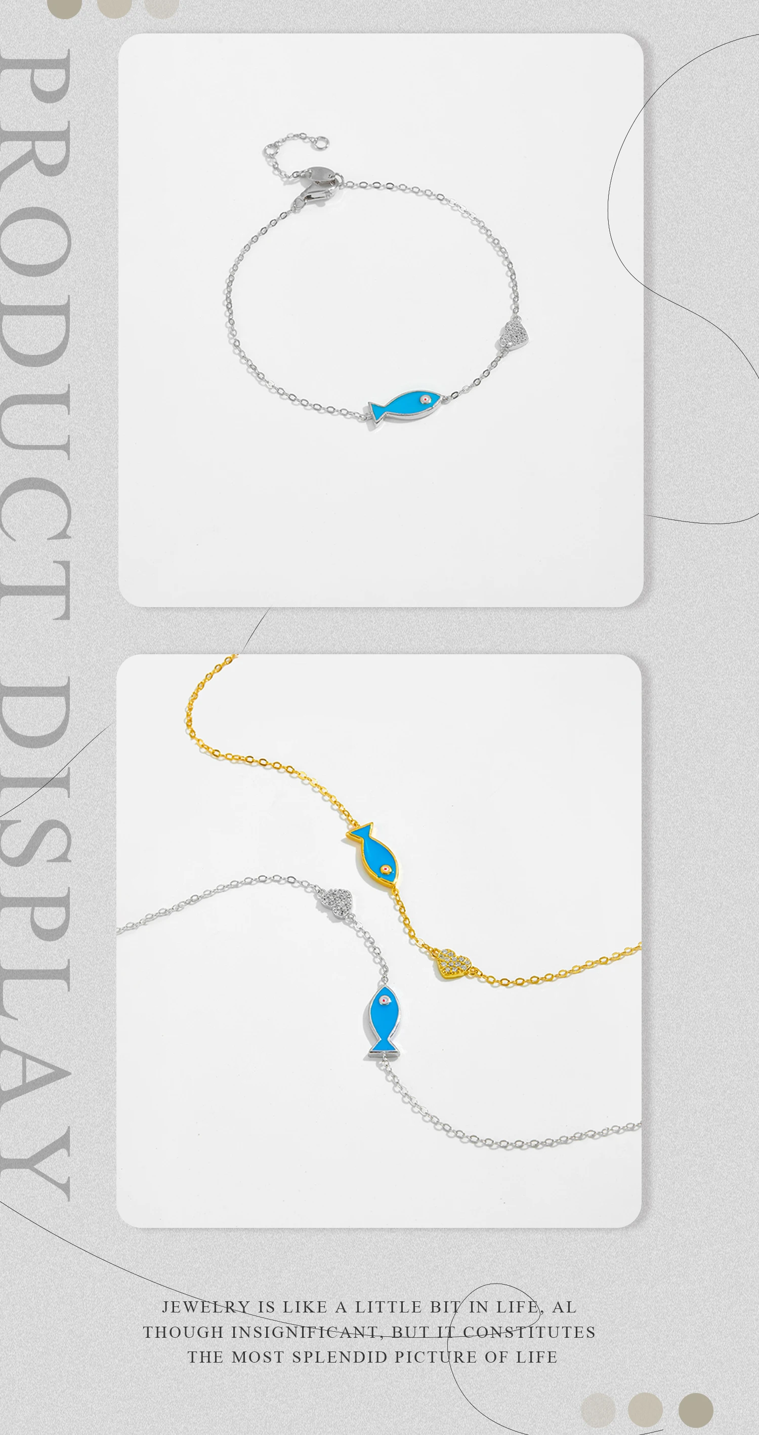 925 Sterling Silver Blue Fish Heart Chain Bracelet – 18K Gold Plated Punk Jewelry with Zircon