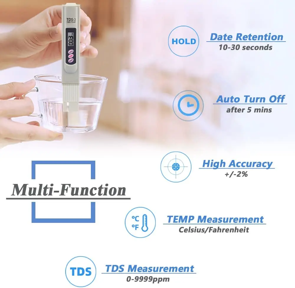 Handheld TDS Digital Water Tester Water Test Pen Water Quality Analysis Meter Water Purity Check 0-9999 PPM for Aquarium 3