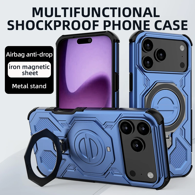 360° Rotating Magnetic Metal Ring Holder Shockproof Phone Case with TPU Frame and Plastic Back Cover
