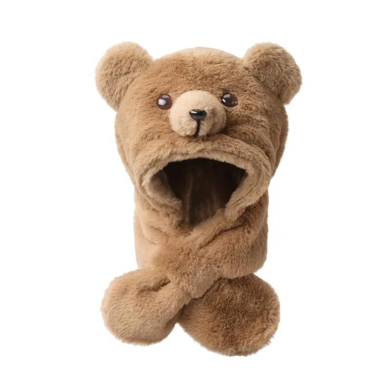 Children's Cartoon Bear Hat Baby Girl Autumn And Winter Korean Version Imitation Rabbit Fur Cute Scarf Integrated Warm Plush Hat