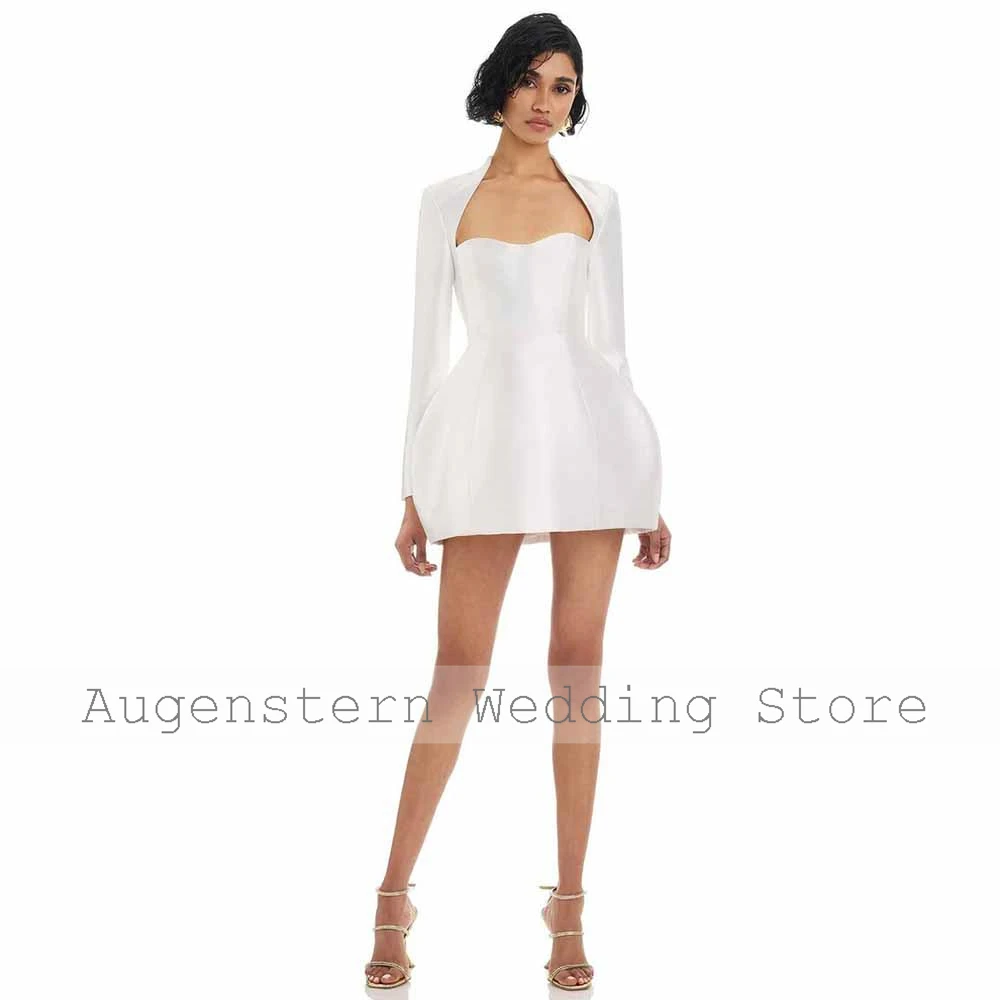 Customized Simple Bride Gowns Mini Satin A-line Women's Wedding Party Dresses White Button Long Sleeve Civil Wedding Dress Short