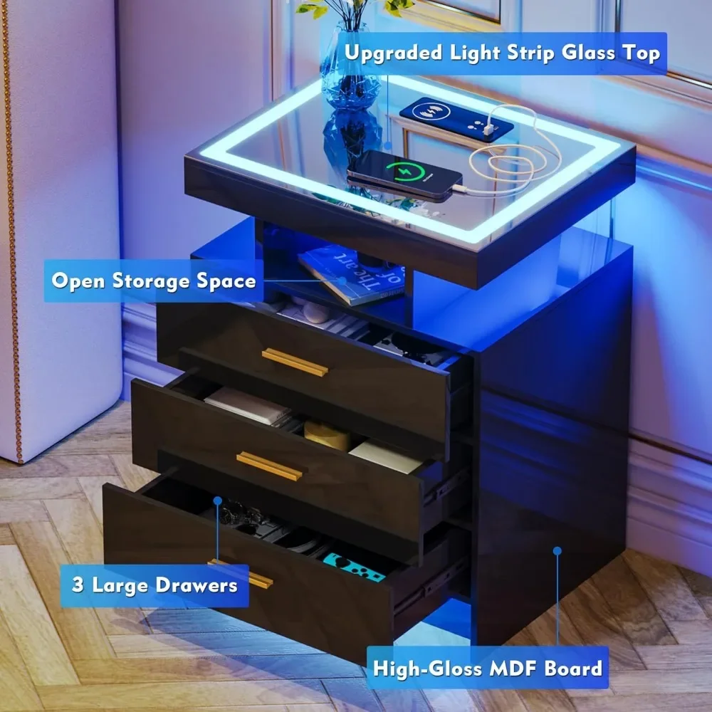 Nightstands Wireless Charging Station Auto Sensor 3 Color Dimmable LED Night Stand Bedside Table 3 Drawers