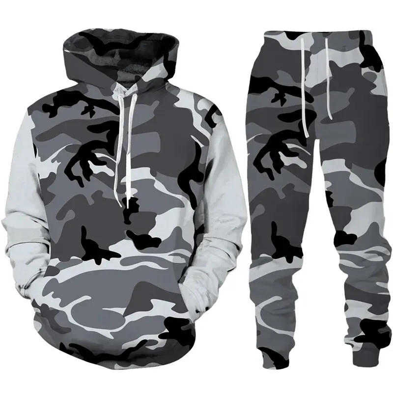 Camouflage Hoodie 3D Print Tracksuit Set Man Hoodie + Pants 2pcs Set Outdoor Fitness Sportswear Casual Unisex clothing 2