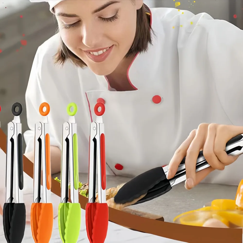 Food Tongs Anti Slip Cooking Serving Tongs Stainless Steel Food Clip Bread Salad Tong Heat-Resistant Barbecue Clips Kitchen Cooking Tool
