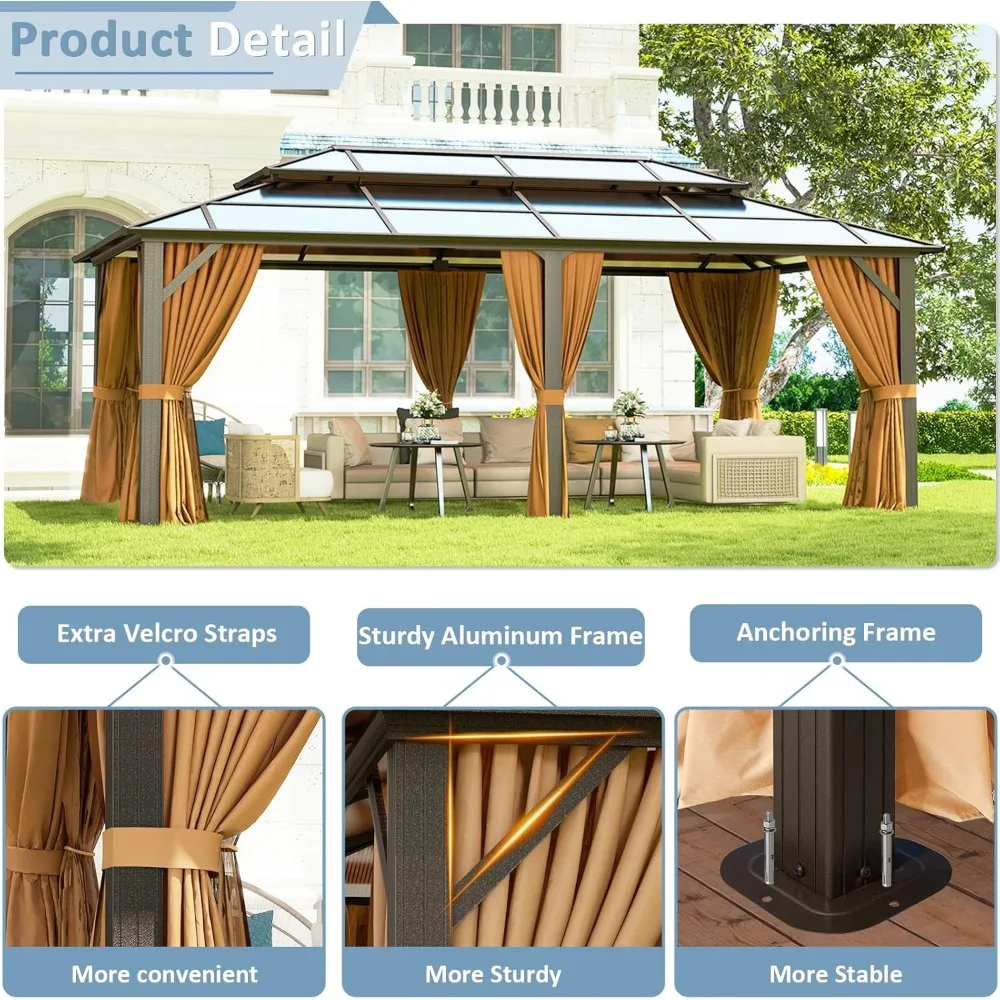 12'x20' Hardtop Gazebo, Aluminum Frame Permanent Pavilion with Curtains and Netting, Outdoor Polycarbonate, Gazebos 4