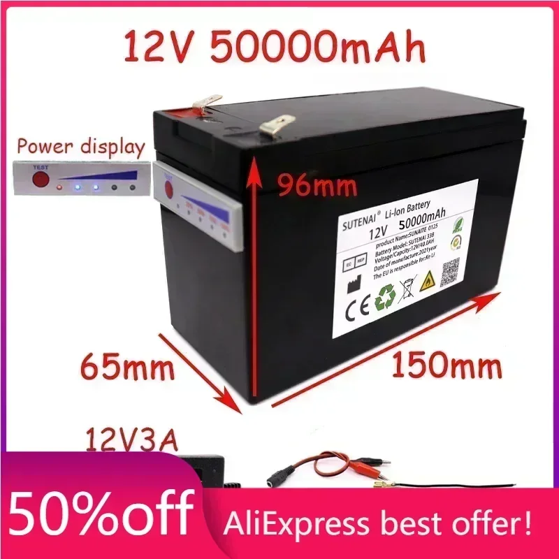 

New power display 12v50a 18650 lithium battery pack is suitable for solar energy and electric vehicle battery + 12.6v3a charger