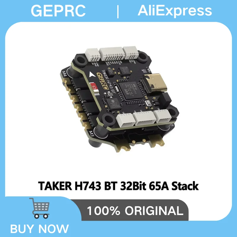Stack FPV GEPRC TAKER H743 BT 65A installé sur un drone, avec câbles et supports de montage.