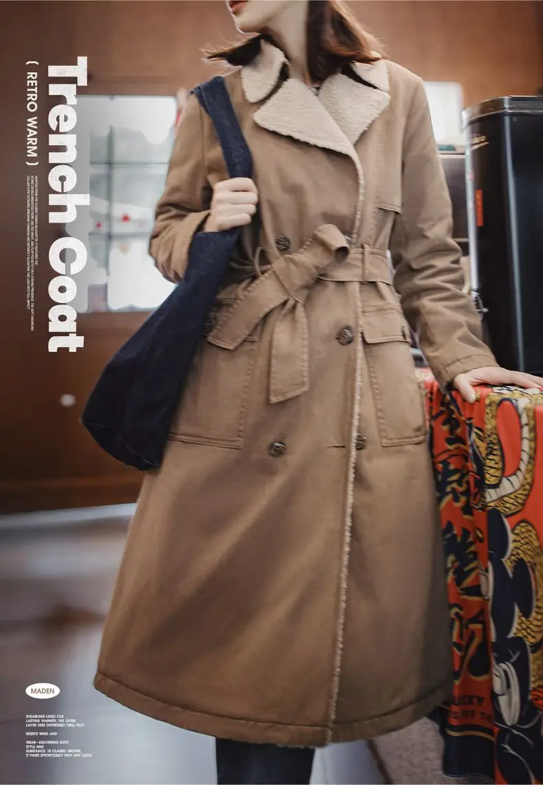 Maden Women's Long Trench Coat Double-Breasted Belted Warm Wool-Like Lining Vintage Cotton Twill Autumn Winter Outerwear