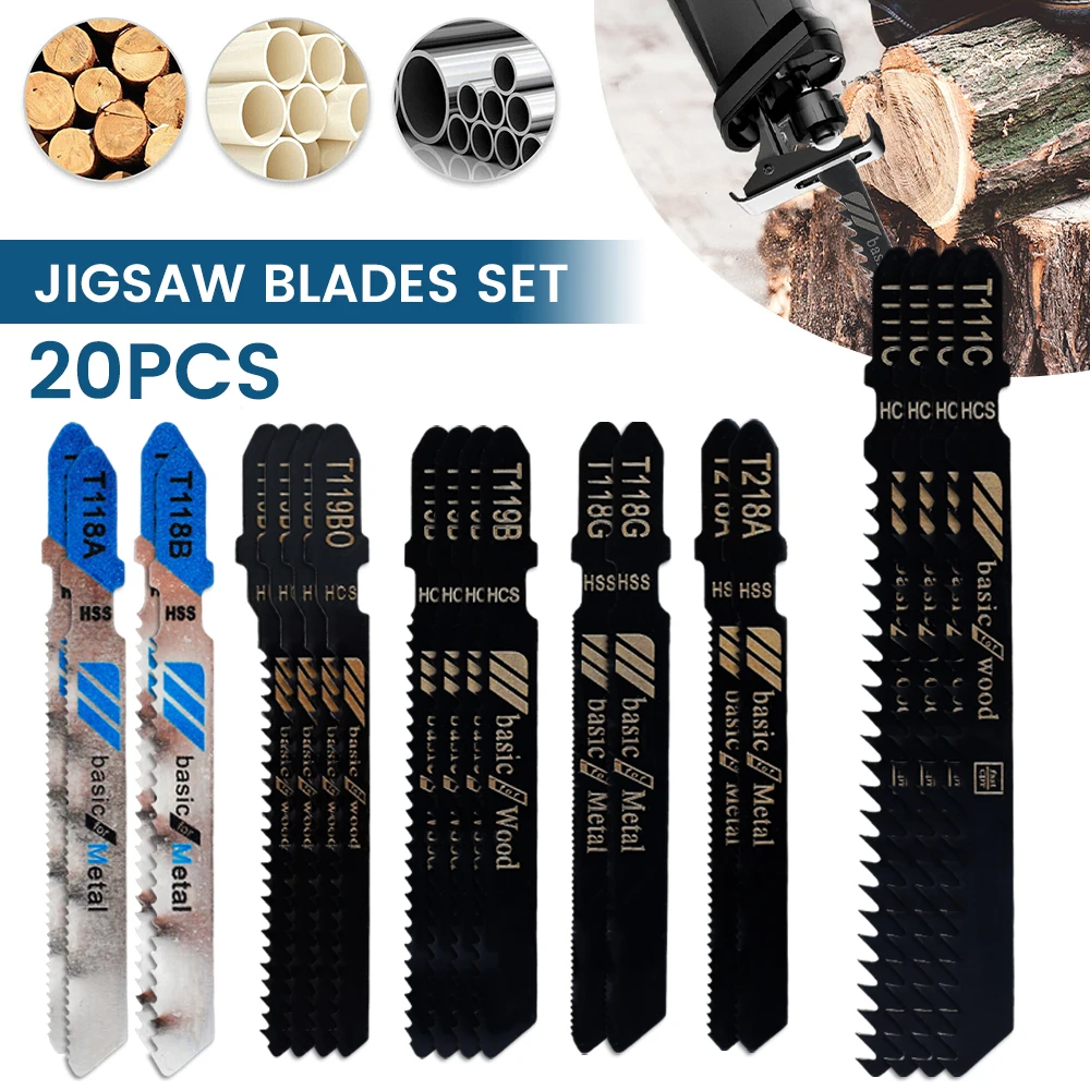 Jig Saw Blades 20Pcs T-Shaft HCS Assorted For Wood Plastic and Metal Cutting For Black & Decker Metabo