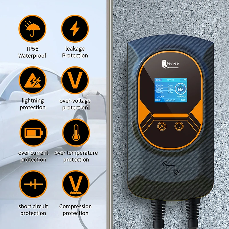 Fey123-Chargeur EV pour Véhicule Électrique, Prise GB/T, EVSE, Wallbox, 32A, 22KW, 3 Phases, 16A, 11KW, Télécommande, Station de Recharge, 7,6 KW, Câble de 5m