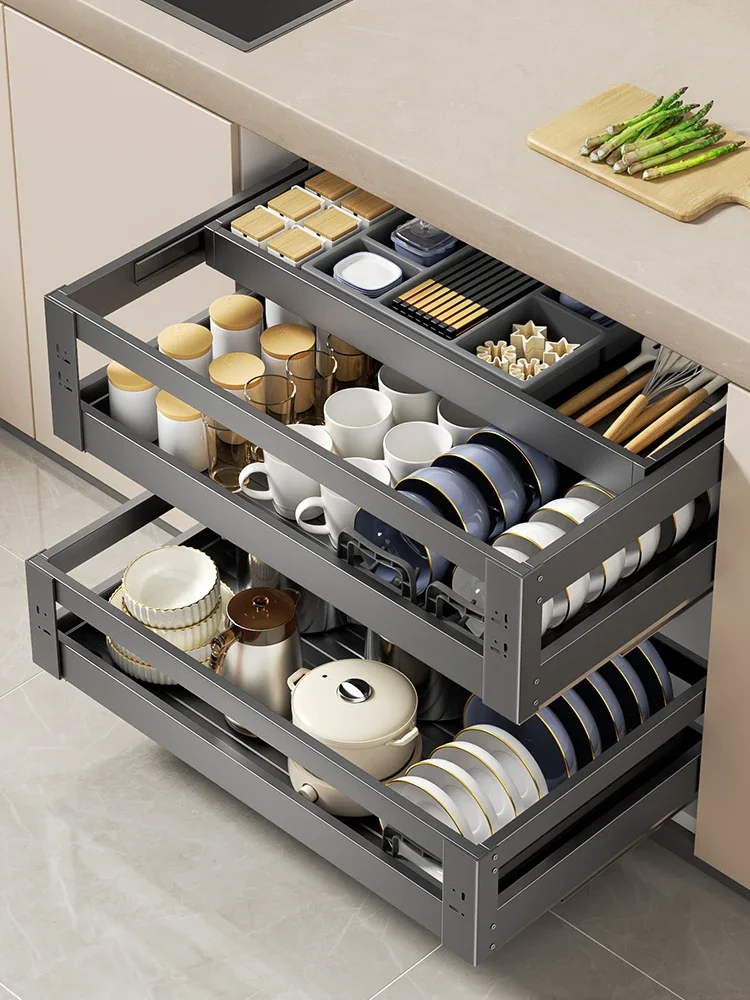 

Basket-pulling kitchen cabinets double-layer drawer-type bowls and dishes three-layer space aluminium draws aluminum alloy