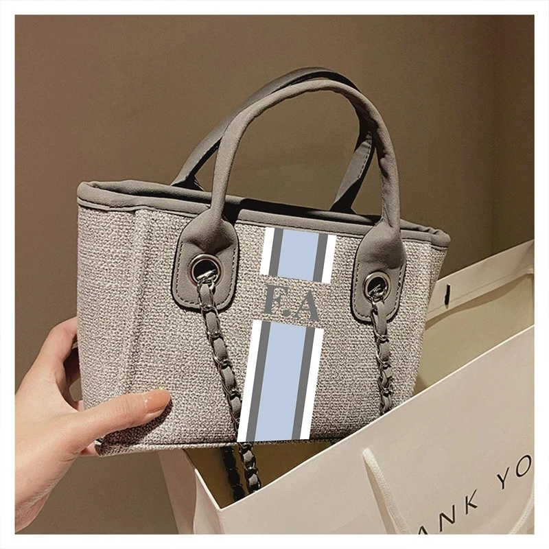 Customize monogram striped Big Mama and mini size canvas handbag travel bags totes shopping shoulder jute handbags shopper tote