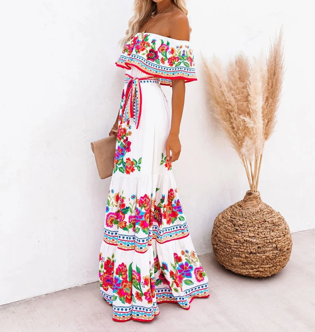 Flower Print Off Shoulder Long Dresses For Women Spring Summer New Fashion Temperament High Waist Leace-up Dress Female Vestidos 18 undefined
