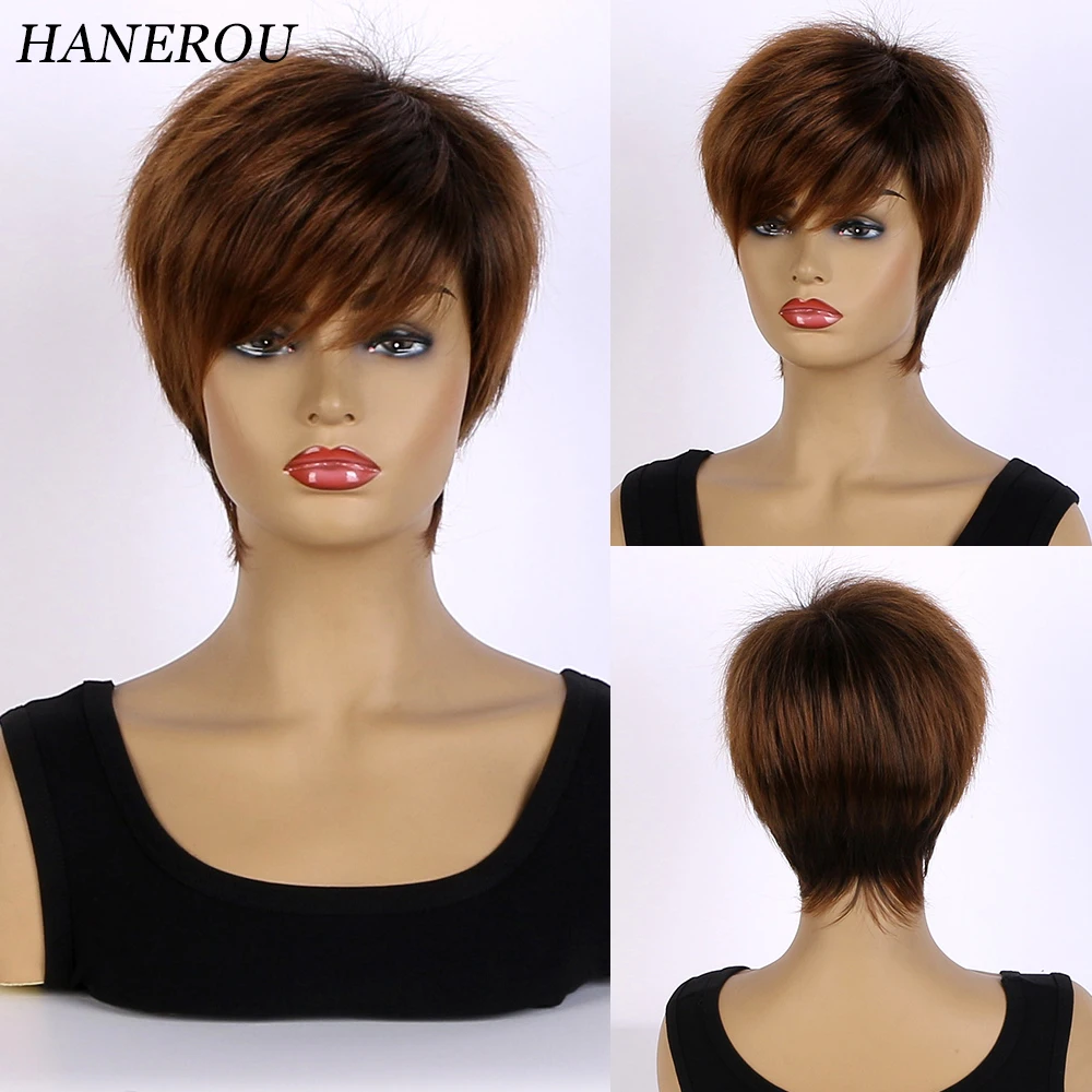 

HANROU Women Short Brown Wig Synthetic Straight Natural Fluffy Pixie Cut Hair Wig for Daily Party Cosplay