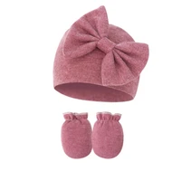 Newborns Hat Scratch Proof Gloves Set Baby Essential Anti Scratches Mittens and Solid Warm Bonnet Bowknot Caps 5
