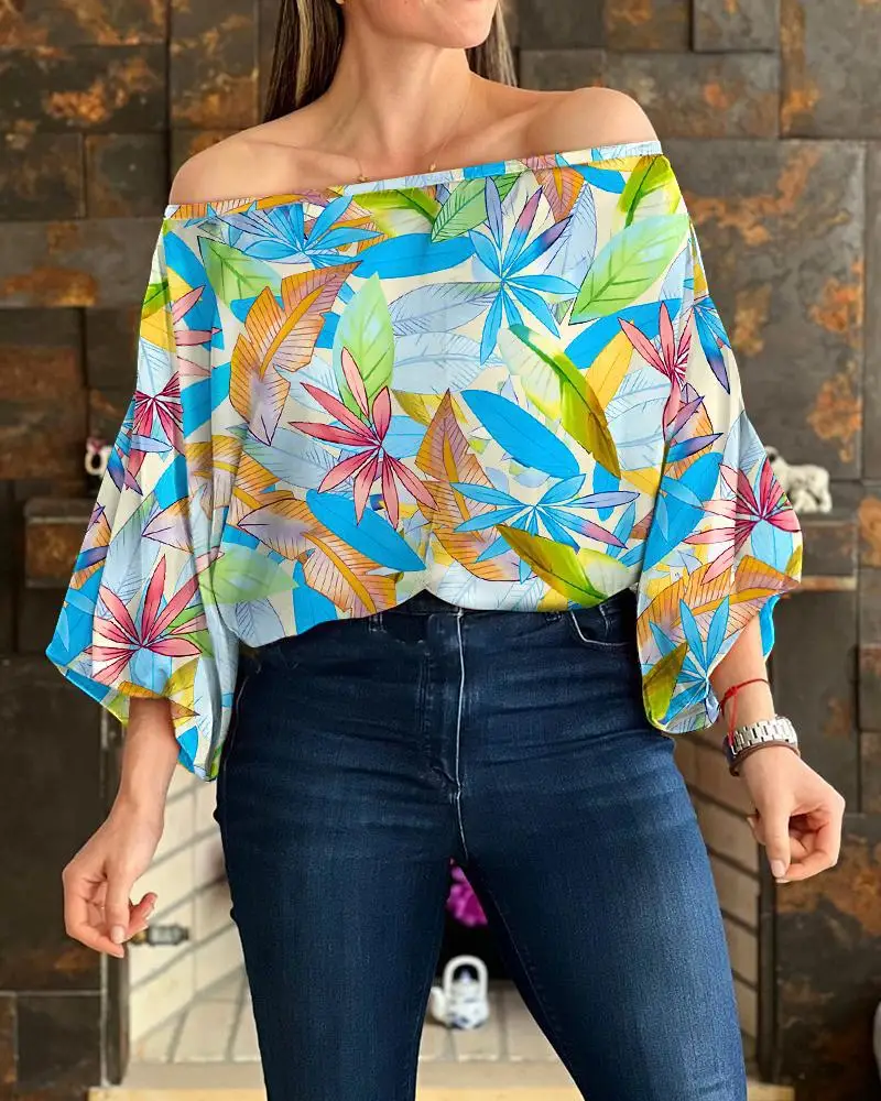 Vintage Blouse for Women 2024 Off The Shoulder Batwing Sleeve Retro Colorblock Leaf Print Loose Women's Shirt Pullover Plus Size women s dresses 2023 ink painting retro colorblock floral print round neck contrast binding flare sleeve elegant skinny dress