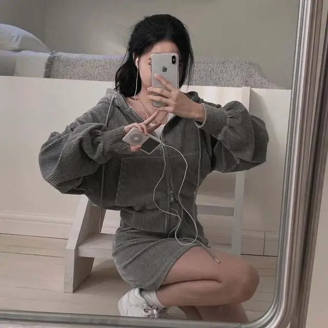 Korean CHic Corduroy Two-piece Skirt Sets Women Hoodie Crop Top Coats Bodycon Mini Skirt Autumn Winter New Outfits Casual Suit