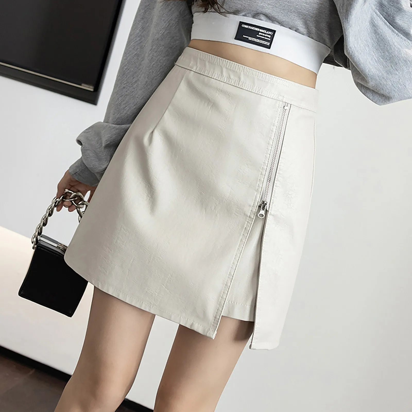 

Women's Pure Colored Short Skirt Hip Skirt Tight Leather Skirt Slit Miniskirt
