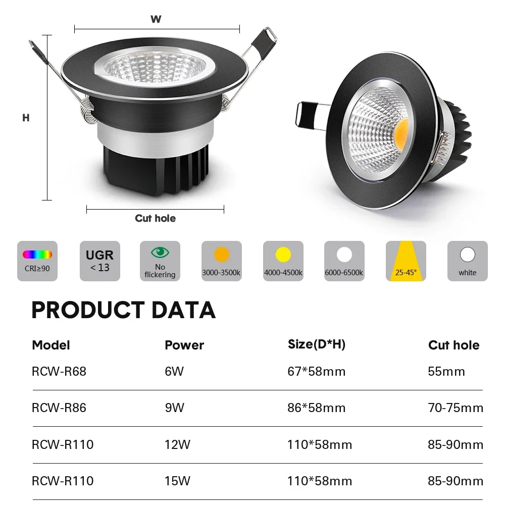 조광 가능 매입형 LED 다운라이트 스팟 LED 조명 220V 110V 9W 6W 매입형 천장등 실내용 LED 드라이버 포함
