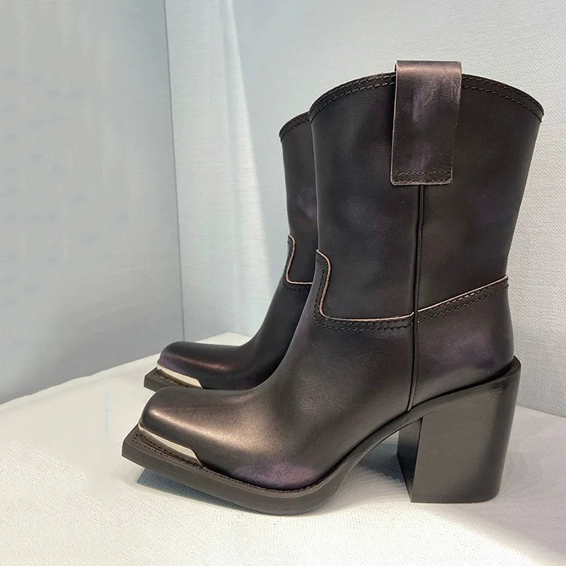 

Vintage Rubbed High-Quality Ankle Cavalier Boots Metal Square Toe Thick Heel Higher Personality Chelsea Botines Women Shoes