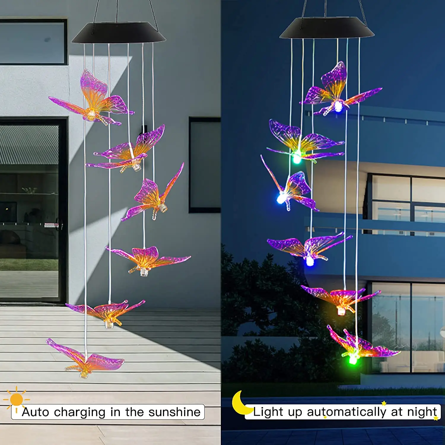 Wind Chime Solar Purple Yellow Butterfly Wind Chimes Outdoor Indoor Color Changing Light S Hook For Patio Deck Yard Garden Home