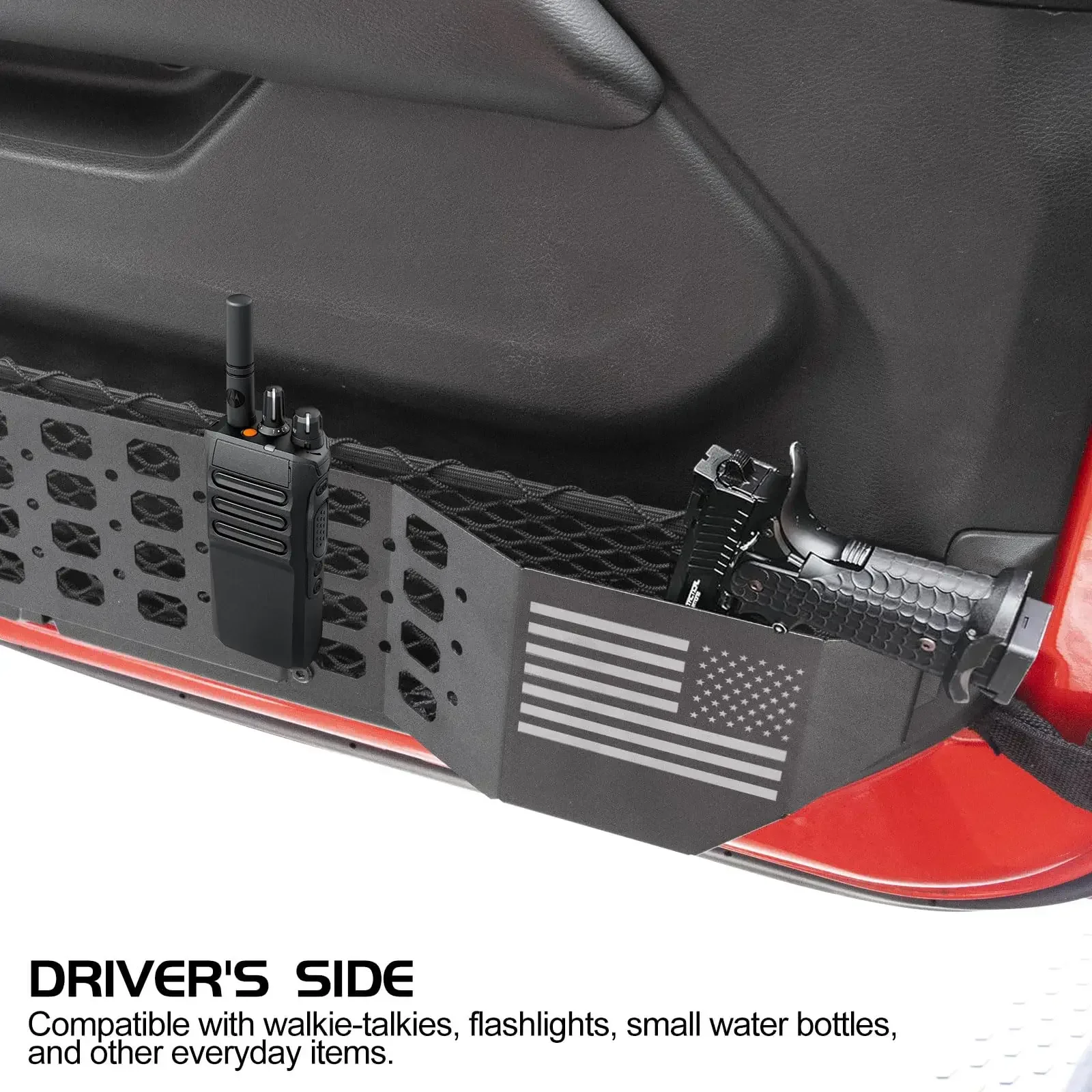Tasche Portaoggetti In Metallo Per Portiera Jeep Wrangler JL/JLU 2018-2025 E Gladiator JT – Acciaio Inox 304, Design American Flag, Facile Installazione