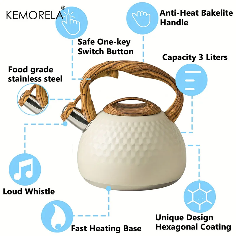 KEMORELA 3L Stainless Steel Heat-Resistant Hammer Pattern Sound Kettle Whistle Boiling Kettle Kitchenware Gas Induction Cookers