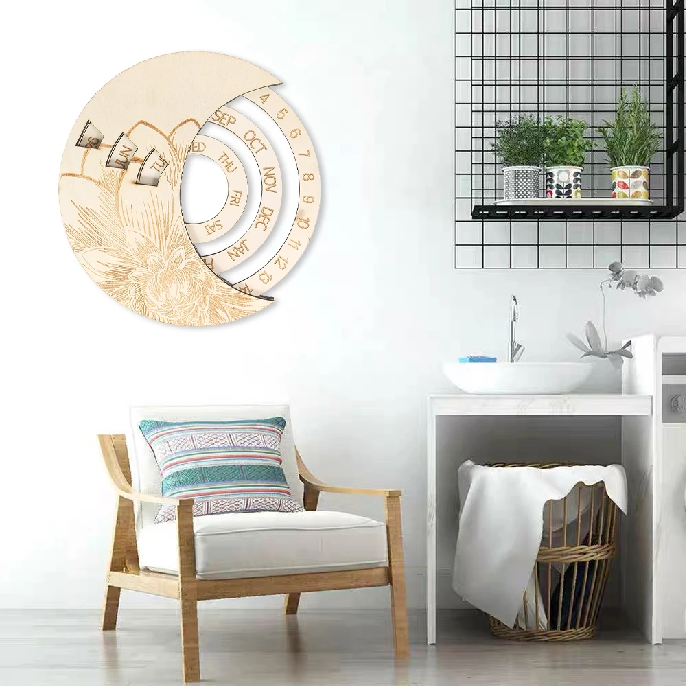 Wooden Round Rotatable Perpetual Calendar Laser Engraving Flower Pattern Estudio Wall Decor Clock Date Week Display Crafts