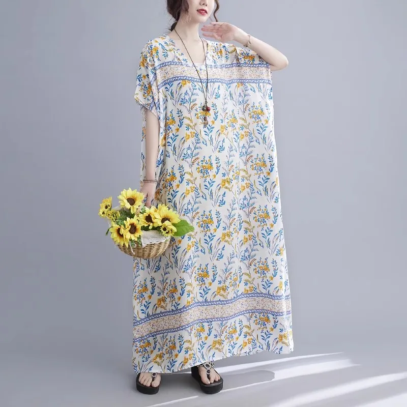 Summer Style Nightdresses Women Sleepwear Long Dress V-Neck Nightgown Plus Size Nightwear loose Can Outside Wear