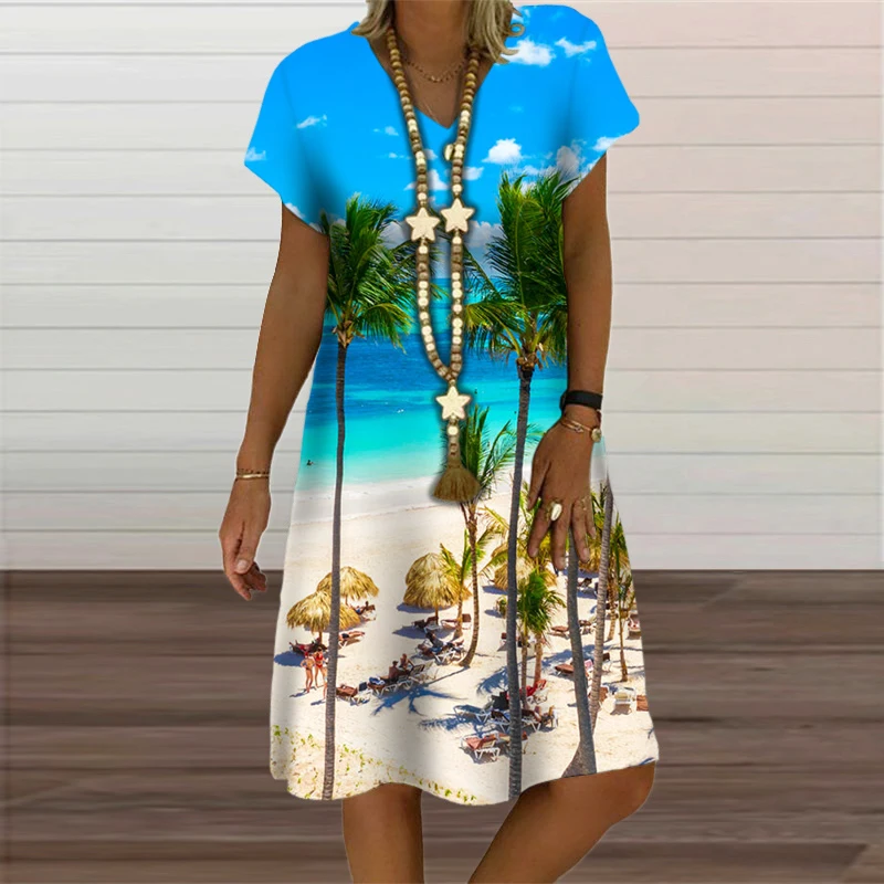 Natural Scenery Summer Tropic Beach Style 3D Print Dresses For Women Oversized Short Sleeve Loose Clothing Casual V-Neck Dress