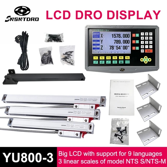YU800-3 ensemble 19 langues 3 axes DRO affichage et 3 pièces 5U encodeur d'échelle de verre linéaire 50-1000mm alésage Machines fraisage 1