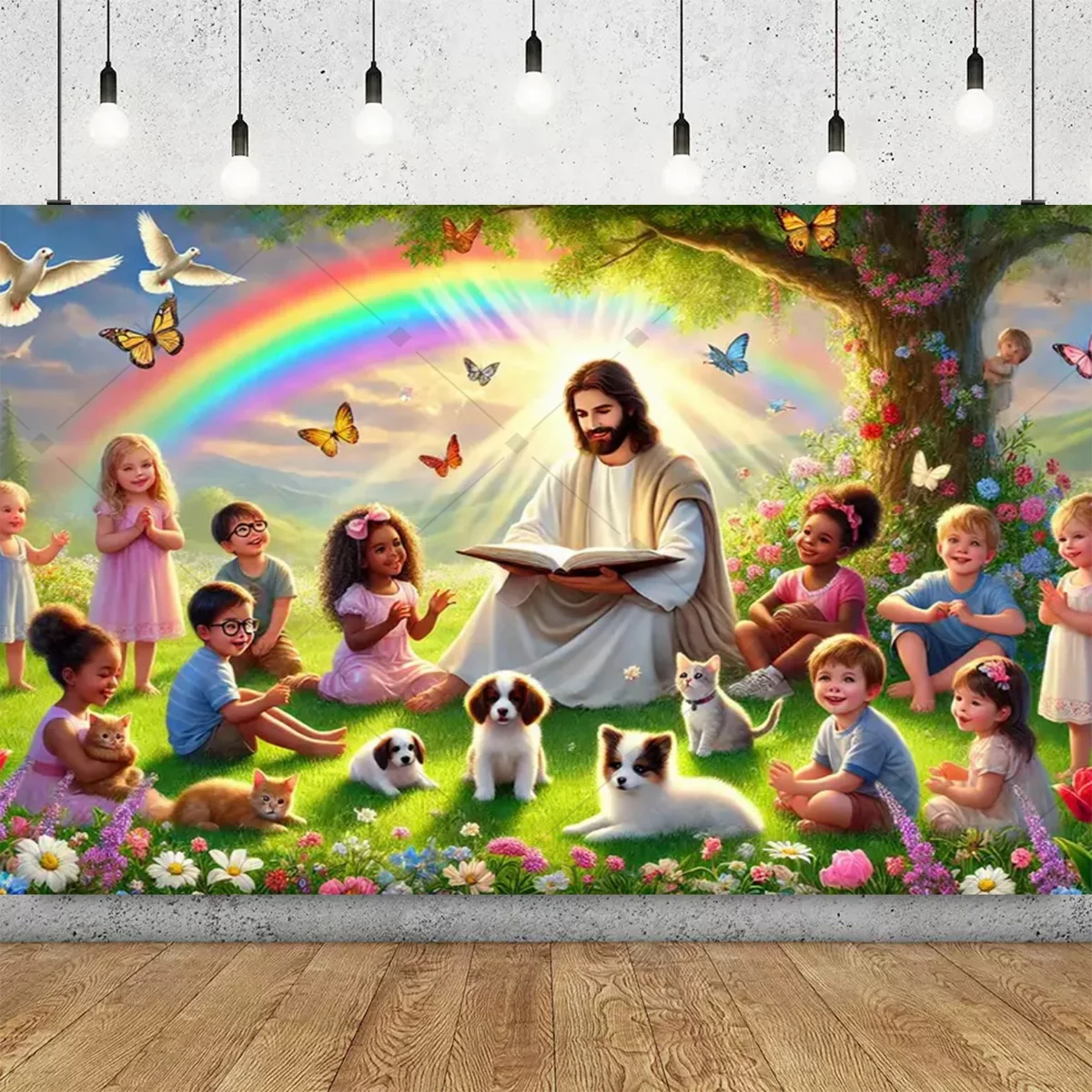 2D Frühlingsgarten Jesus und Kinder Themen-Party-Dekoration Hintergrund Outdoor Naturszene Lehrreiches Partyzubehör Deko-Banner – Detail 2