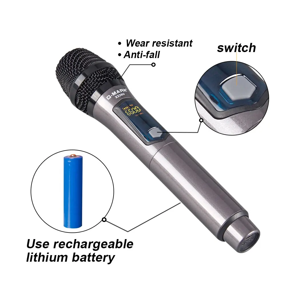 무선 마이크 G-MARK X220U UHF 녹음 가라오케 마이크, 충전식 리튬 배터리 수신기 포함 스피커용 5시간 작동