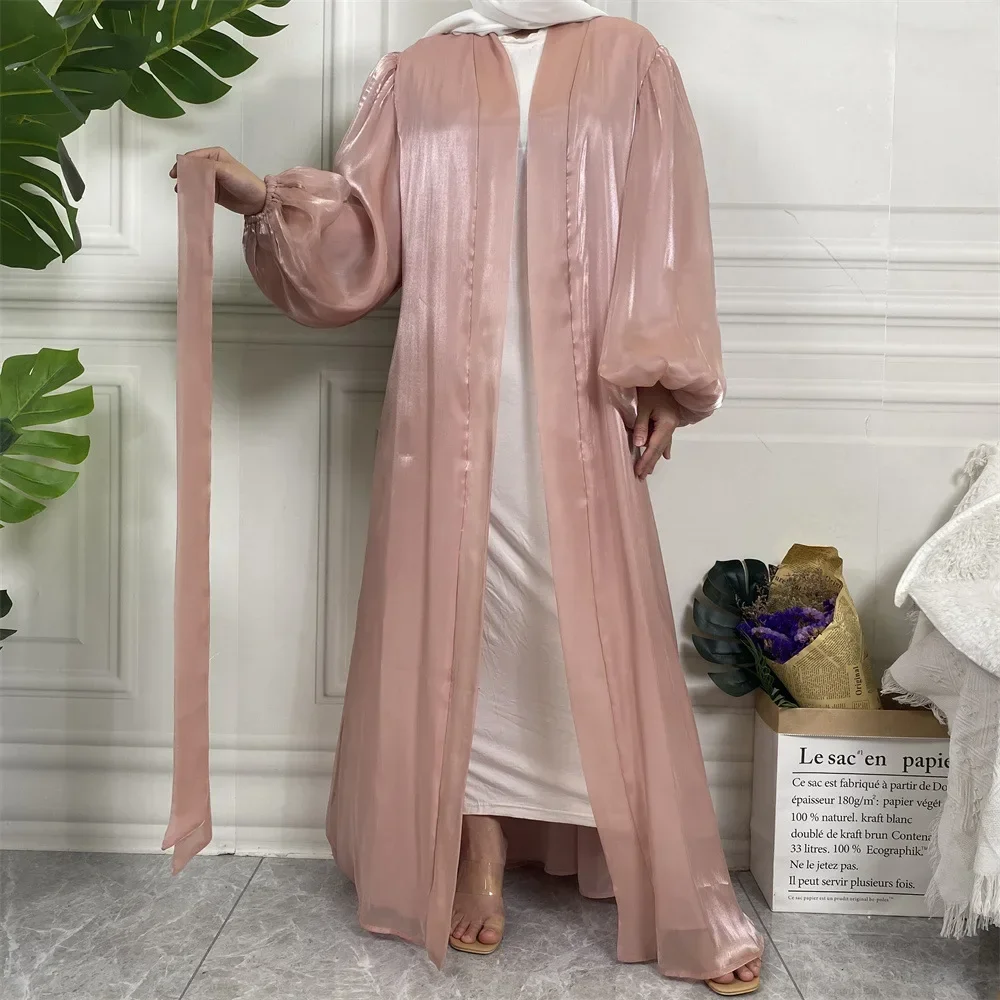 Shiny Silk Satin Open Abaya Kimono Kaftan Lantern Sleeves Cardigan Muslim Hijab Dress Saudi Abayas for Women Dubai Turkey Islam